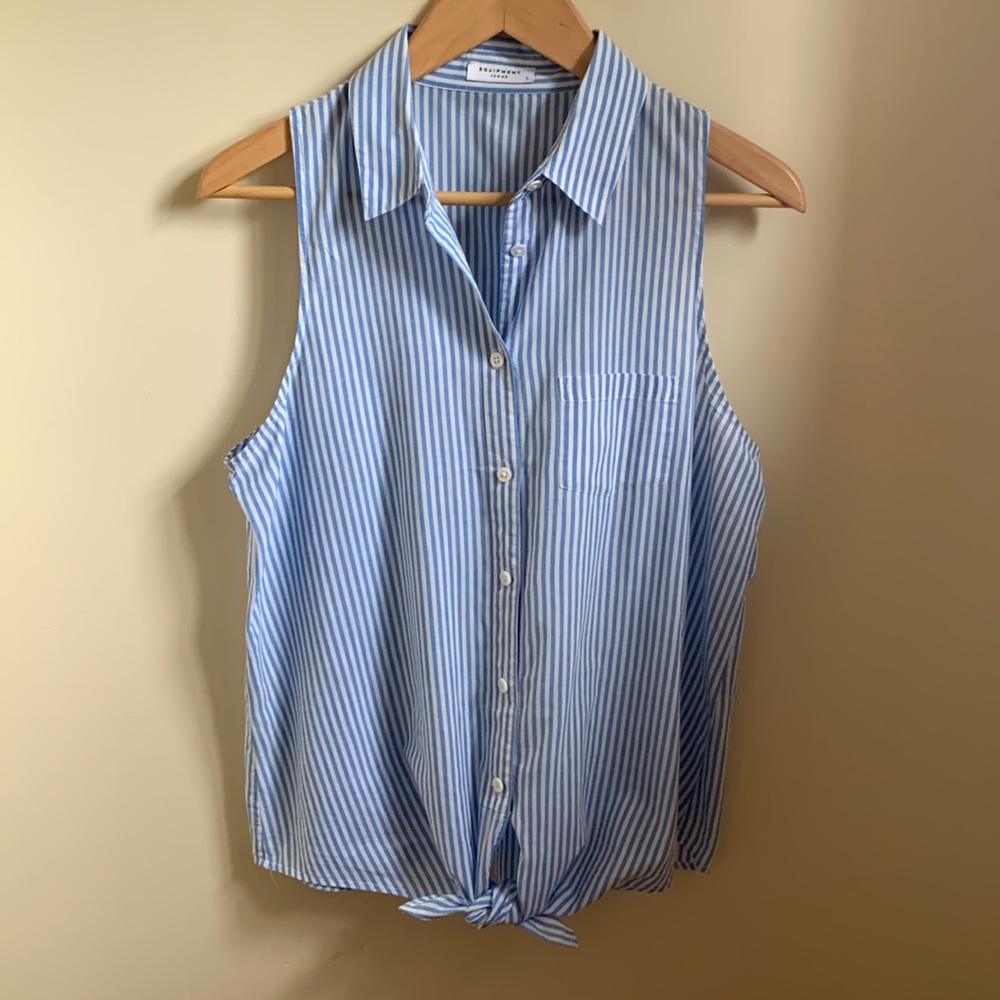 Equipment Femme,  size L, Tie front, sleeveless blue and white shirt 100% cotton